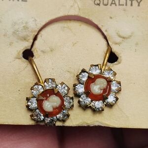 Vintage Cameo Screw Back Earrings with Crystal Accents